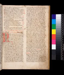 Ms 148. Grégoire le Grand, Dialogi en traduction italienne par Domenico Cavalca, f.2r Initiale décorée [N] en encre rouge avec ornementation à la plume en encre brune