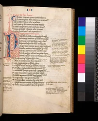 Ms 325. Lucain, Bellum Civile, et autres œuvres, f.35r. Initiale partagée [P] en rouge et bleu avec ornementation contrastante, vers 1353 (parchemin)