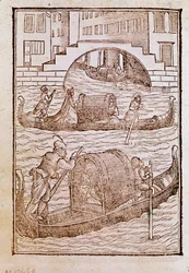 Gondoles dans la lagune de Venise au XVe siècle Gravure de « Degli abiti antichi e moderni » par Cesare Vecellio (1521-1601)