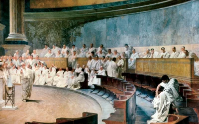 Cicéron démasque Catilina le 8 novembre 63 av. J.-C. La scène se déroule au Sénat romain, fresque réalisée entre 1882 et 1888 par Cesare Maccari