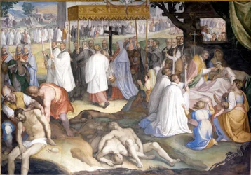 Saint Charles Borromée communisant les pestiférés mourants pendant la peste de 1575 à 1577 au lazaret de Milan. Fresque de Charles Nebbia au Collège Borromée à Pavie (Milan).