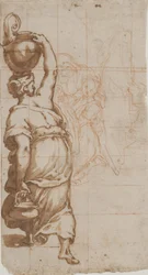 Femme avec une jarre sur la tête vue de dos, deux femmes avec un tissu en arrière-plan