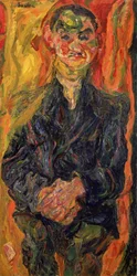 Homme en bleu, avec un fond jaune et rouge