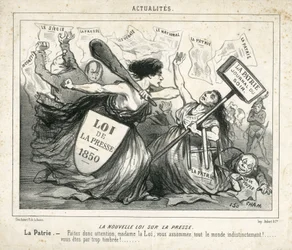 Illustration de Cham dans Le Charivari, vers 1850 - La nouvelle loi sur la presse - Censure, Presse/Médias, Loi - Proudhon Pierre-Joseph, Girardin Emile de - Allégorie