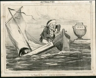 Illustration de Cham (1819-1879) dans Le Charivari, vers 1850 - Le Prince de Joinville ayant un mauvais pilote - Élections, Président de la République, Marine maritime nautique balnéaire - Thiers Adolphe, François d