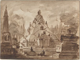 Fantaisie architecturale avec un mausolée pyramidal, vers 1747 (plume et encre brune avec lavis brun sur papier vergé)