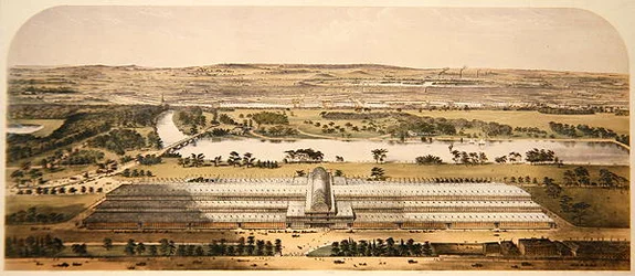Vue aérienne du bâtiment pour la Grande Exposition, publiée par Ackermann & Co.