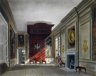 Salle de réunion du roi, gravure de Thomas Sutherland (1785-1838), basée sur un dessin de Charles Wild (1781-1835), tirée de The History of the Royal Residences
