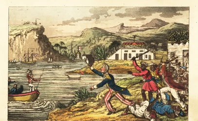 Officier de la marine anglaise fuyant un planteur en colère et des hommes esclaves brandissant des gourdins en Jamaïque