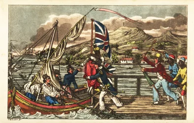 Officier de la marine anglaise enlevant une femme esclave sur le quai de la Barbade, poursuivi par son mari propriétaire et des travailleurs de la plantation
