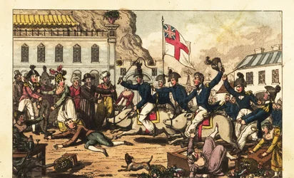 Officiers de la Royal Navy chevauchant des cochons à travers le marché de Gibraltar