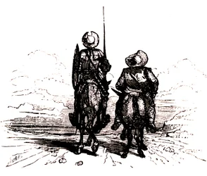 Don Quichotte sur son cheval, à côté de Sancho sur son âne