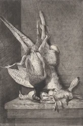 Trophée de chasse avec oiseaux de gibier et lapin, 1850-1900