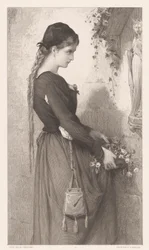 Jeune femme apportant des fleurs à une niche avec une statue de Marie