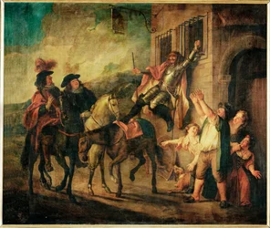 Don Quichotte attache a unse fenetre par la malice de Maritorne - Don Qijote, par la malice de Maritorne, est attaché à une fenêtre ...