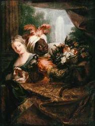Jeune homme noir tenant un panier de fruits et jeune fille caressant un chien