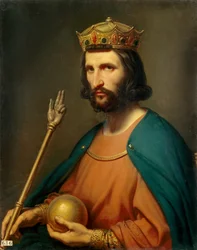 Portrait de Hugues Capet (941-996), roi de France en 987. Il tient dans la main un globe et un sceptre, symboles du pouvoir. Peinture de Charles de Steuben (1788-1856), XIXe siècle. Soleil. 0,91 x 0,74 m.