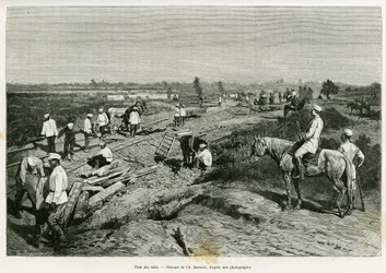 Pose des rails transcaspiennes. Gravure par Ch. Barbant pour illustrer l