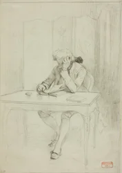 Homme en costume du XVIIIe siècle, assis à une table et lisant