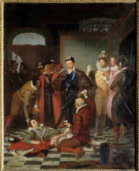 Henri III, roi de France, repoussant du pied le corps d