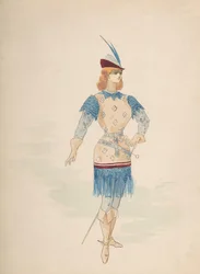 Conception de costume pour un cavalier en bleu et bordeaux avec chapeau à plumes et épée
