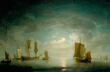 Frégate anglaise et embarcation côtière au clair de lune