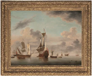 Un deux-ponts anglais de quarante canons au mouillage au large d