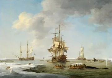 Pêche au Groenland : baleiniers anglais dans la glace, vers 1750