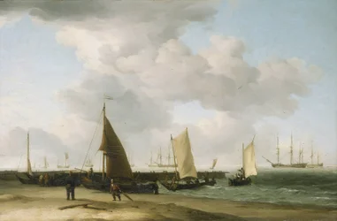 Scène sur le rivage, avec un bâtiment de guerre à l