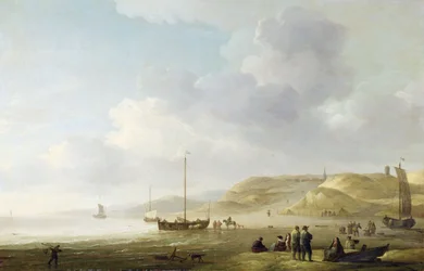 La côte près de Scheveningen avec des pinks de pêche sur le rivage