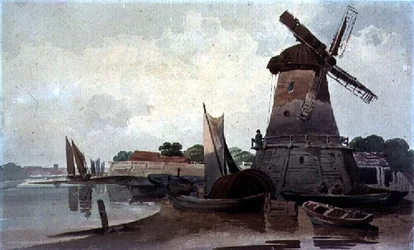 Vue sur la Tamise, avec moulin à vent et bateaux