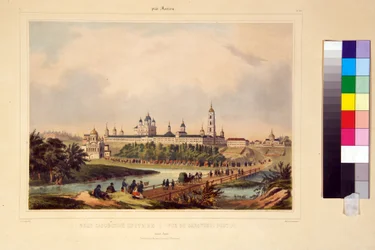 Vue du monastère Sarov. Le couvent de Seraphin de Sarov (1759-1833), saint orthodoxe. Gravure mise en couleur à l