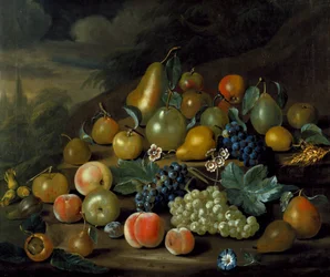 Nature morte de poires, de pêches et de raisins