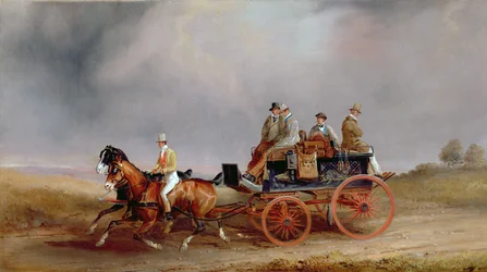 Partir à la chasse ; un postillon et une paire avec un chariot de chasse