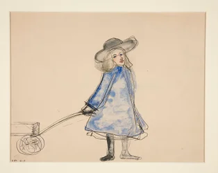 Fille tirant un chariot (Fille simple en robe bleue) (recto); Croquis d