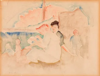 Sans titre (Deux femmes et trois enfants sur la plage)