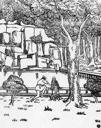 Personnes regardant la source, gravure sur bois par Charles Doudelet (1861-1938) pour Pelléas et Mélisande de Maurice Maeterlinck (1862-1949), publié par Claudio Argentieri, Spoleto, Italie
