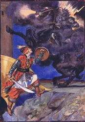 Je suis venu te combattre, voleur de mon bien-aimé, scène de Sucna Murga dans Contes pour enfants des légendes roumaines par Moses Gaster (1856-1939) 1921
