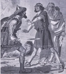 La vie de Crésus sauvée par son fils muet, de My Magazine, pub. 1922 (lithographie)