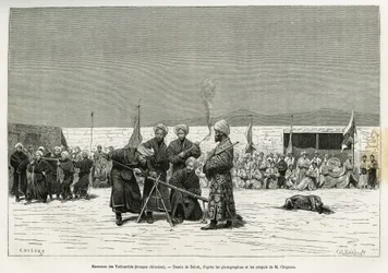 Exercices de manipulation des fusils Taifourchi, troupes armées et entraînées par les militaires chinois, dessin de Delort, pour illustrer les mémoires d