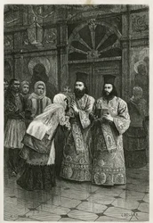 Prêtres donnant à baiser les images saintes, gravure par Ch. Delort, pour illustrer le voyage d