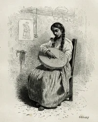 La brodeuse, à Salento, région du Quindio (Colombie), gravure par Ch. Delort, pour illustrer le récit de l