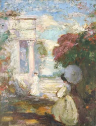 Paysage lyrique avec deux figures en tenue du XIXe siècle