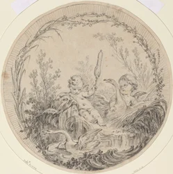 Deux putti jouant avec des cygnes