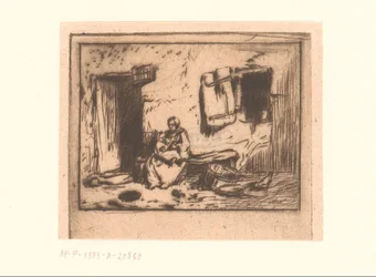 Femme avec enfant sur un banc contre une façade