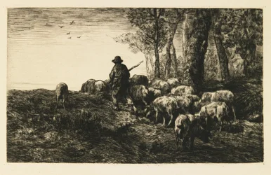 Troupeau de cochons avec porcher