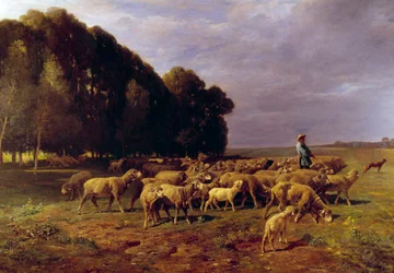 Troupeau de moutons dans un paysage ou "Berger conduisant un troupeau de moutons dans la plaine"