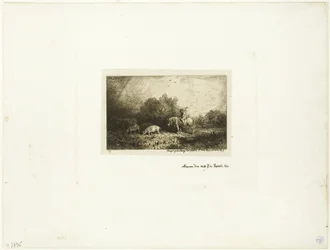 Paysage avec homme à cheval, cochons et vache
