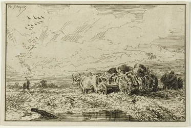 Paysage avec chariot tiré par des bœufs