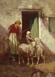 Bergère avec un enfant et deux moutons